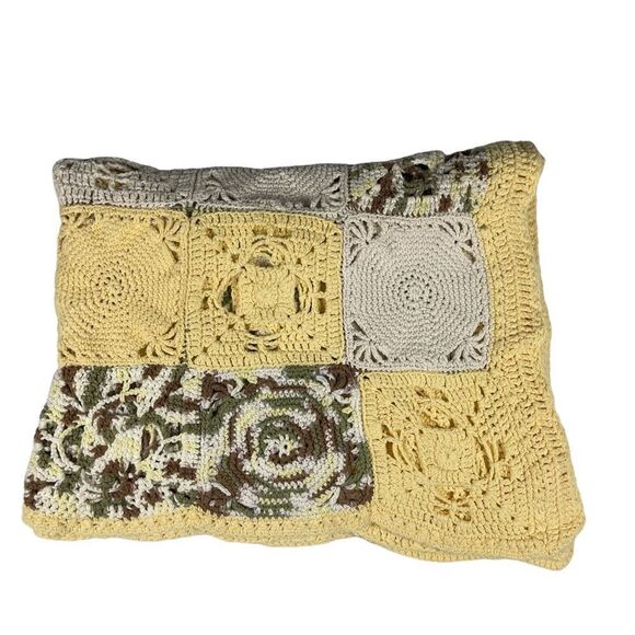 Handmade Crochet COTTON Afghan Cottage Yellow Off-White Multi Cabin 49" x 76" - Picture 1 of 8